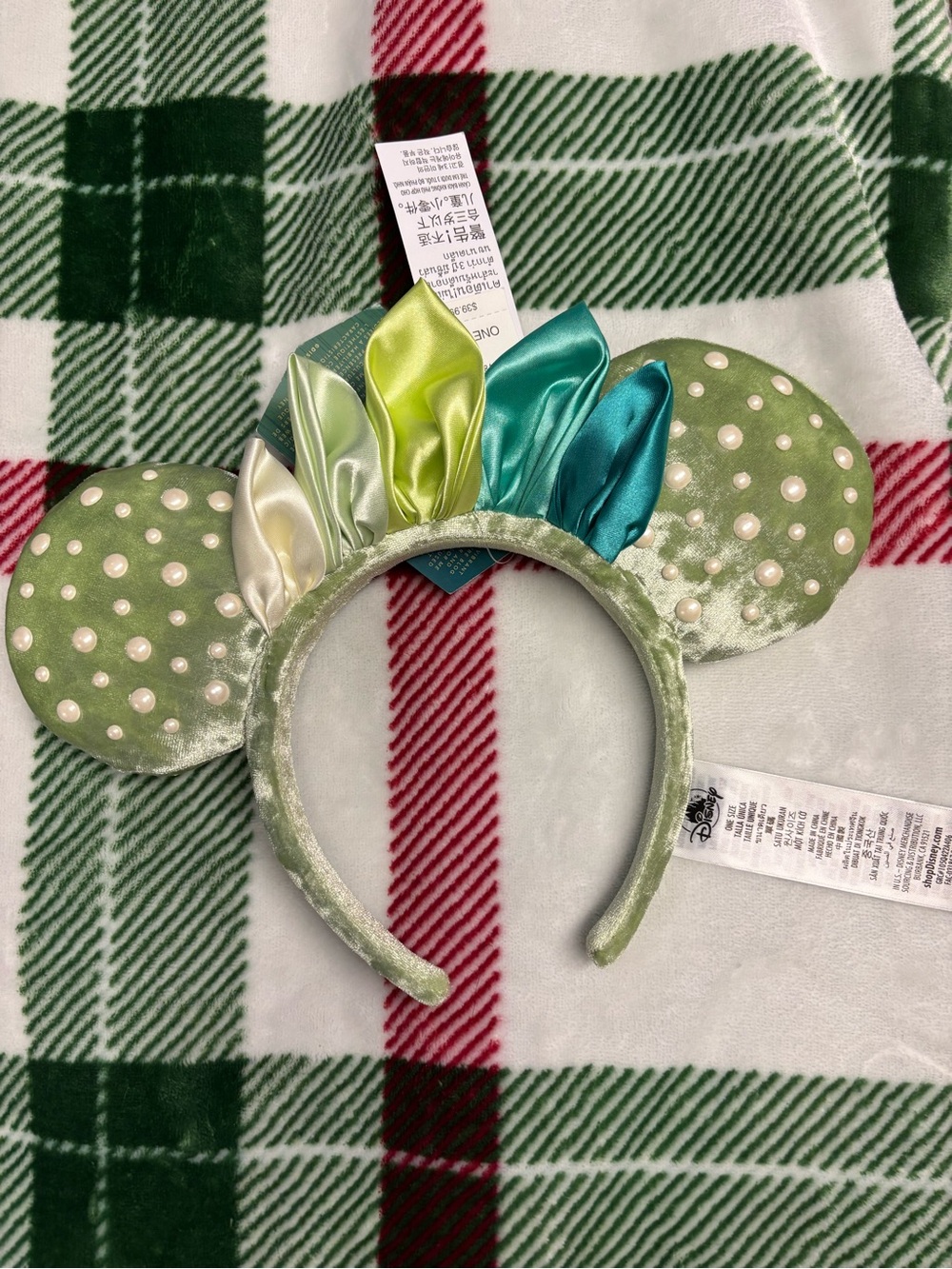 Tiana Disney Green Velvet Pearl Minnie Ear Headband with Satin Petals